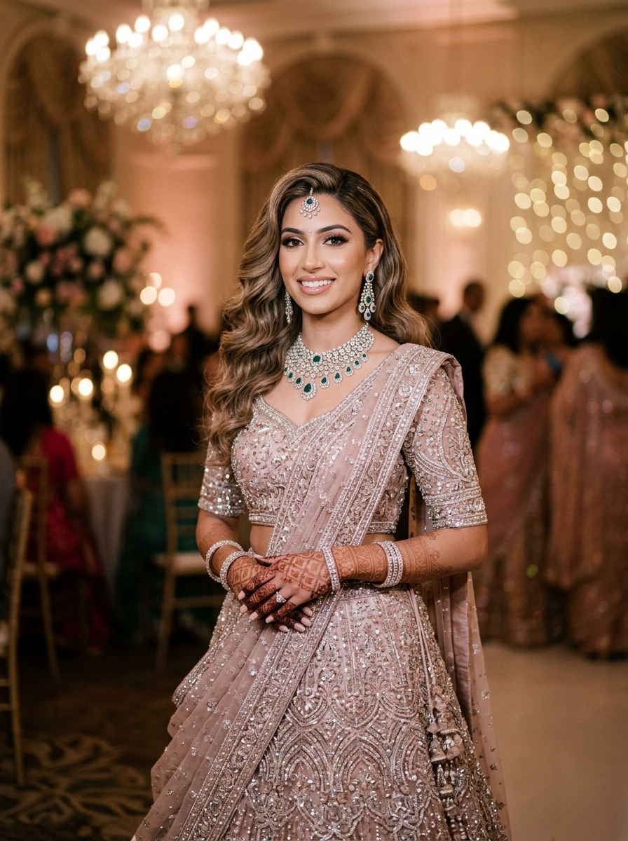 Glamorous Indian bride in blush-rose shimmering lehenga ready for wedding reception