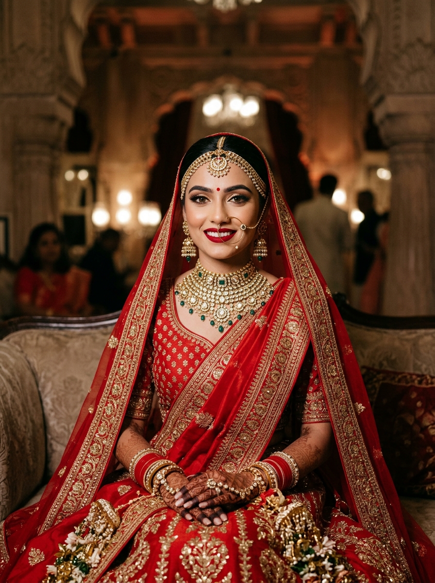 Regal Indian bride in royal vermilion red Banarasi silk attire with matte finish makeup